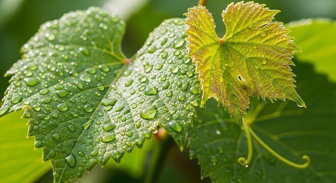Close up of vibrant grape leaves with water droplets in natural sunlight