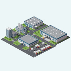 Isometric View of Industrial Buildings and Parking.