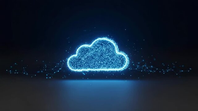 Digital cloud icon made of glowing particles hovering in a dark space for a website header or cloud computing advertising.