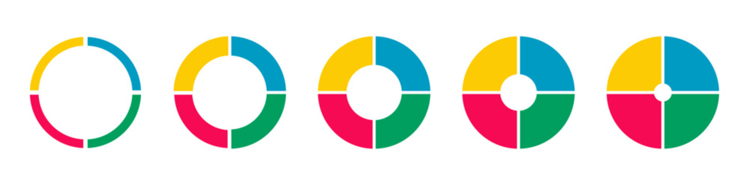 Set of wheels divided in four sections. Pies, donut charts segmented on 4 equal parts. Diagrams infographic multicolored. Circle section graph. Pizza chart round layout icons. Loading bar mockups.