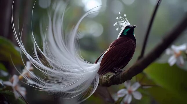 Exotic Bird of Paradise Displays Elaborate Plumage on Branch.