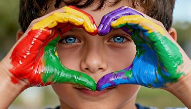 Niño pequeño con manos pintadas de colores brillantes formando un corazón sobre su rostro