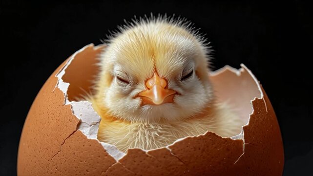 Pollito recién nacido saliendo de un huevo marrón 