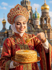 Young woman in traditional dress holding honey pancakes outdoors  
