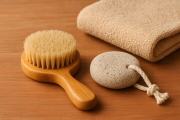 Natural bamboo brush, pumice stone, and folded beige towel arranged on wood, emphasizing self care and relaxation