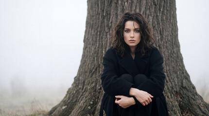 Young woman sitting near large tree in foggy outdoor setting  