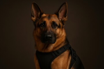 German Shepherd dog wearing a black harness, posing for a studio portrait against a dark background, showing focus and loyalty