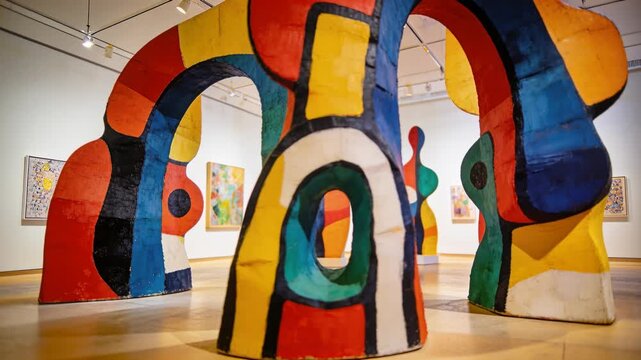 Starting close-up, camera pulling back revealing arches and framed art in gallery installation