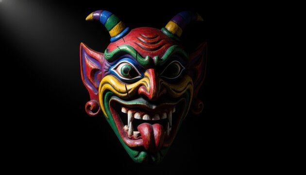 Vibrantly Carved Wooden Demon Mask With Exaggerated Features and Colorful Horns