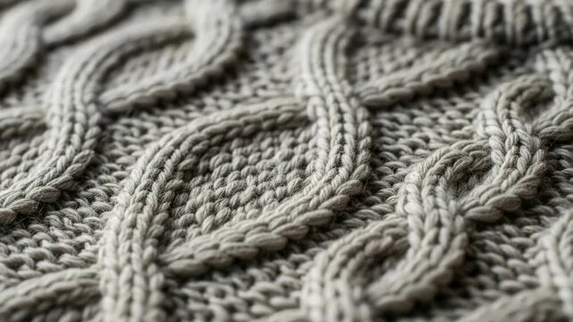 Slow motion tracking pan of knitted cable pattern moving across wool fabric surface close up in studio interior for texture and textile use