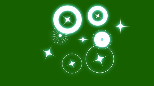 Circle fireworks burst twinkle animation with shiny line blast and sparkling twinkle stars, 4k cartoon vector firework explosion loop on green screen, perfect for motion graphics, VFX, and celebration