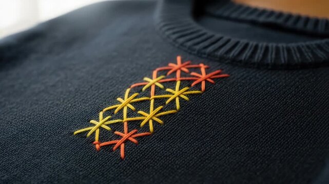 Slow motion tracking shot close up of embroidered star stitches shifting on dark knit sweater fabric for textile detail and craft use