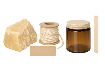 Beeswax, wick, jar, and craft label for candle making