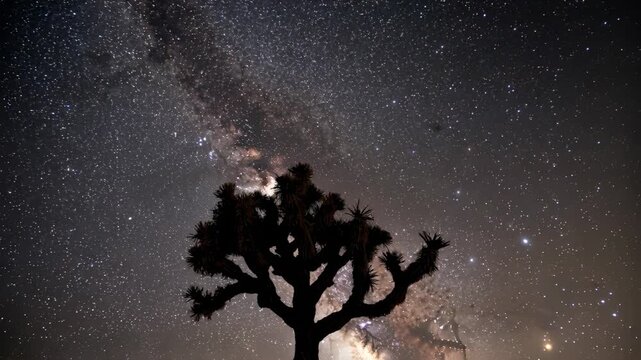 Recording timelapse, Joshua-style tree silhouette desert night revealing Milky Way core brightening