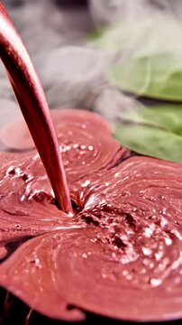 Rich red liquid pouring onto a textured surface with a blurred green leaf in the background creating an abstract and luxurious visual effect