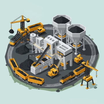 Isometric Coal Mining and Processing Plant with Trains and Heavy Machinery.
