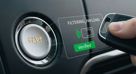 Fototapeta premium Secure keyless car start system verifying payload with smart remote technology on a start-stop button.