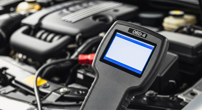 OBD-II scanner held above a car engine bay, ready for diagnostic testing and troubleshooting vehicle problems.