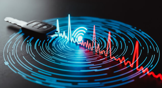 Smart car key with digital data waves and heartbeat graph representing vehicle security, connectivity, and automotive technology