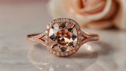 Naklejka premium The Allure of Forever: A radiant engagement ring sparkles, set against the backdrop of a delicate, soft-petaled rose, symbolizing eternal love and commitment. 