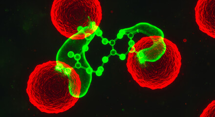 Obraz premium Molecular structure interacting with red cells in a microscopic, scientific representation of cellular processes and biotechnology.