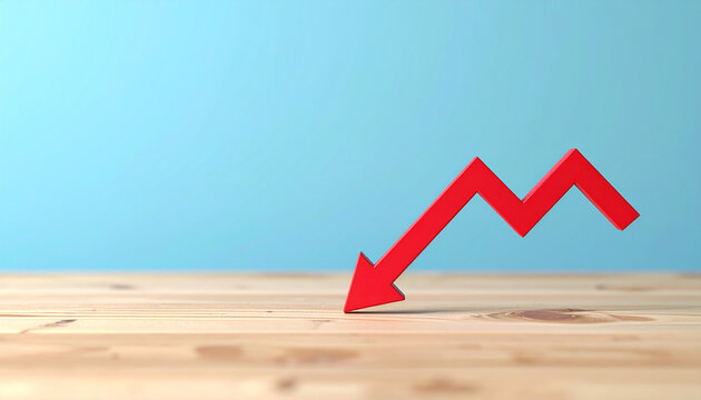 Red arrow pointing down, minimalist wooden graph, financial loss and business risk concept.