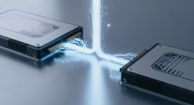 High-speed data transfer between two solid-state drives, symbolizing digital connection, network technology, and efficient information exchange in a futuristic setup.