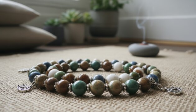 A close-up view of a circular arrangement of colorful prayer beads, showcasing natural stones and ceramic elements