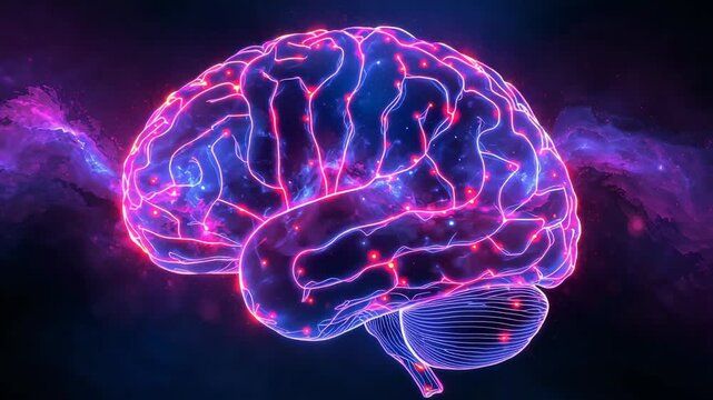 Pulsing brain hologram in nebula reacting to rising node glow routing pulses through neon tracts