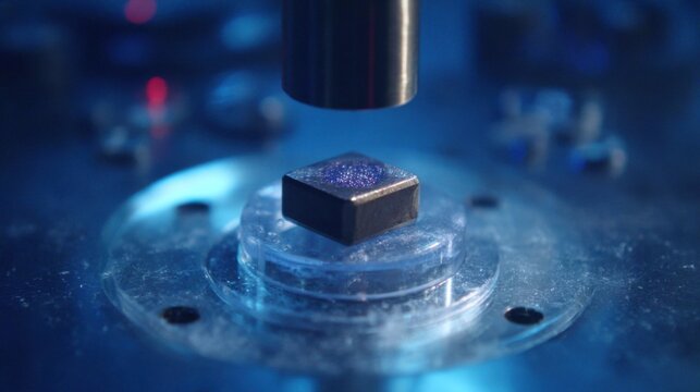 Close-up of a glowing superconducting magnet material sample undergoing scientific examination