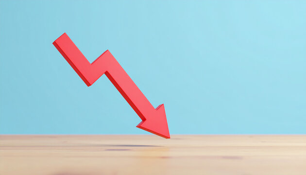 Red arrow pointing down, minimalist wooden graph, financial loss and business risk concept.