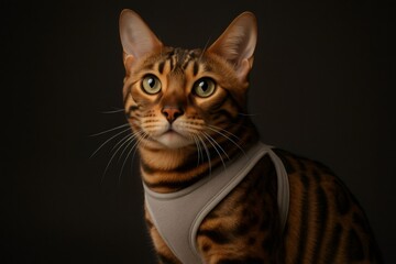 Obraz premium Bengal cat with striking striped fur and green eyes, wearing a grey harness, looking with an alert and curious expression