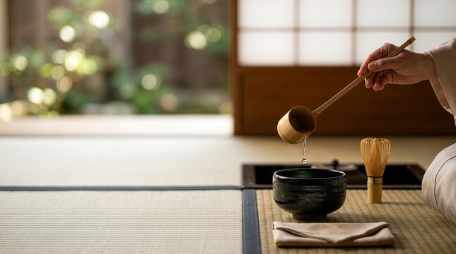 Tea Ceremony Master - Pouring a drop of water with hishaku during tea ceremony, perfect motion with clean copy space - High resolution stock photo