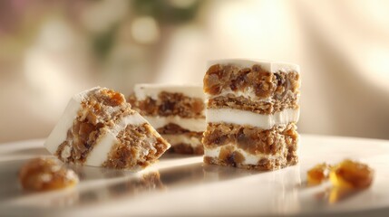 Indulgent Sweet and Chewy Layered Cake Slices with Creamy White Icing, Perfectly Stacked and Displayed