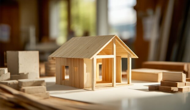 Detailed miniature wooden house model surrounded by construction materials in a warm workshop environment showcasing architectural design and craftsmanship
