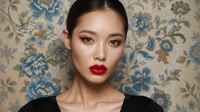 Reacting to camera cue, model shifting angles against floral backdrop showcasing red lips black top