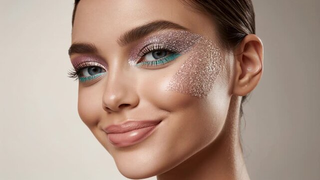 Photographer cueing female model shifting expression, angling face in studio, showing glitter cheek