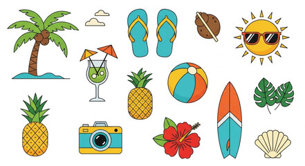 Collection of summer vacation elements, perfect for tropical themes and beach designs. © Diati