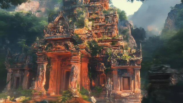 Ornate, reddish stone temple ruins, overgrown with plants, in a jungle