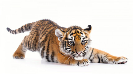 Obraz premium Crouching tiger cub in a playful pounce pose on a white background, representing wildlife conservation and nature education.