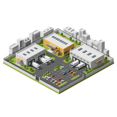 Industrial Complex with Warehouses and Trucks.