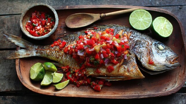 Spicy Ikan Bakar Sambal Matah: Grilled Fish Topped with Fresh Chili Salsa and Lime Wedges, Rustic Serving