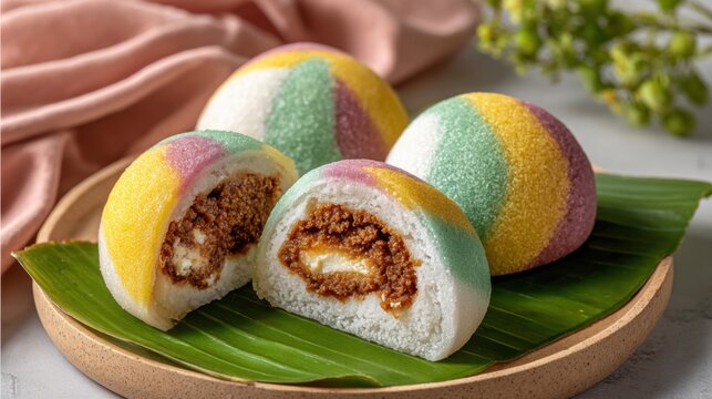 Vibrant Kue Putu Bambu Steamed Rice Flour Cakes with Savory Filling on Banana Leaf