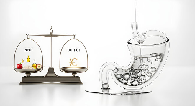 Bariatric surgery concept Balance scale with food input and currency output next to stomach glass
