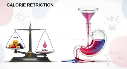 Bariatric surgery concept Calorie restriction concept with food input and stomach output