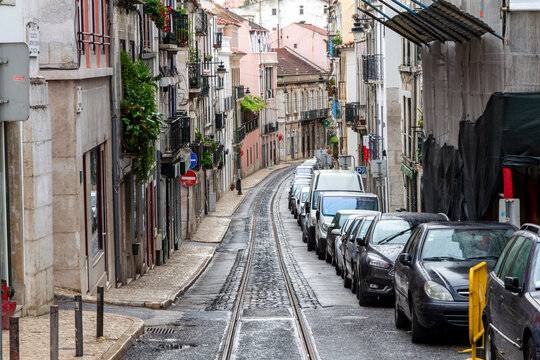Picturesque 18th Century Baroque Tower of Sao Francisco de Paula Church and Traditional Street, Lisbon, Portugal
