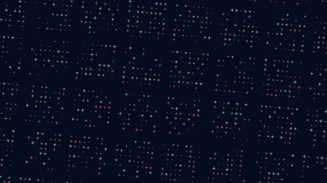 Abstract colorful plus sign particles drifting on dark background, seamless loop