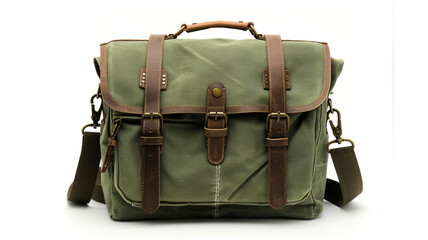 A practical green canvas messenger bag with leather straps isolated on white, ideal for business and travel technology.