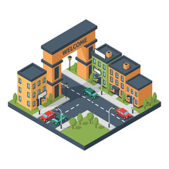 Isometric Illustration of Modern Office Buildings and Entrance.