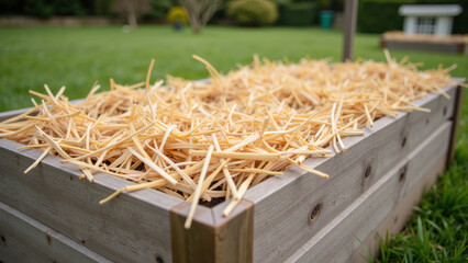 Raised garden bed wooden planter straw mulch outdoor backyard gardening soil spring green grass natural light peaceful